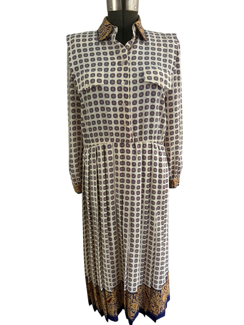 Vintage 80s Midi Shirt Dress Geometric Print Shoulder Pad Secretary Dress SZ L
